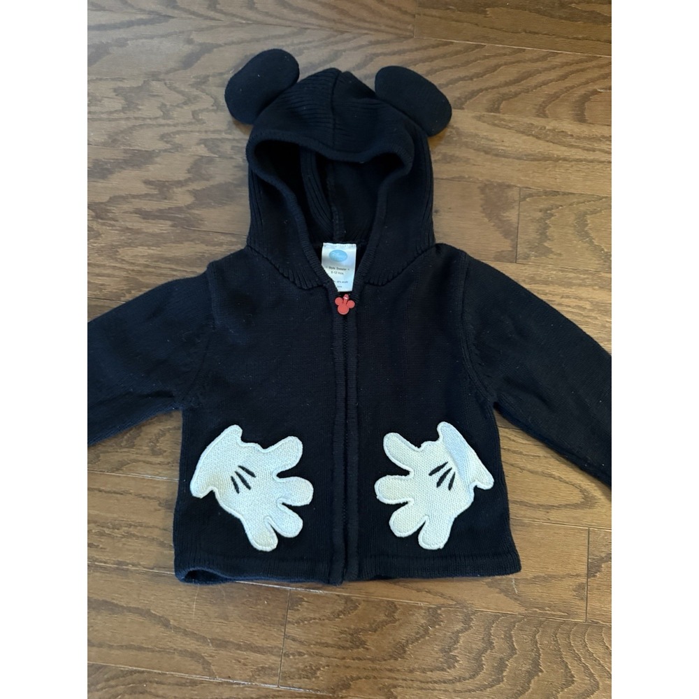 Disney Store Baby Mickey Mouse Zip Up Black Sweater 6-12 Mo Hands Ears Trumpette